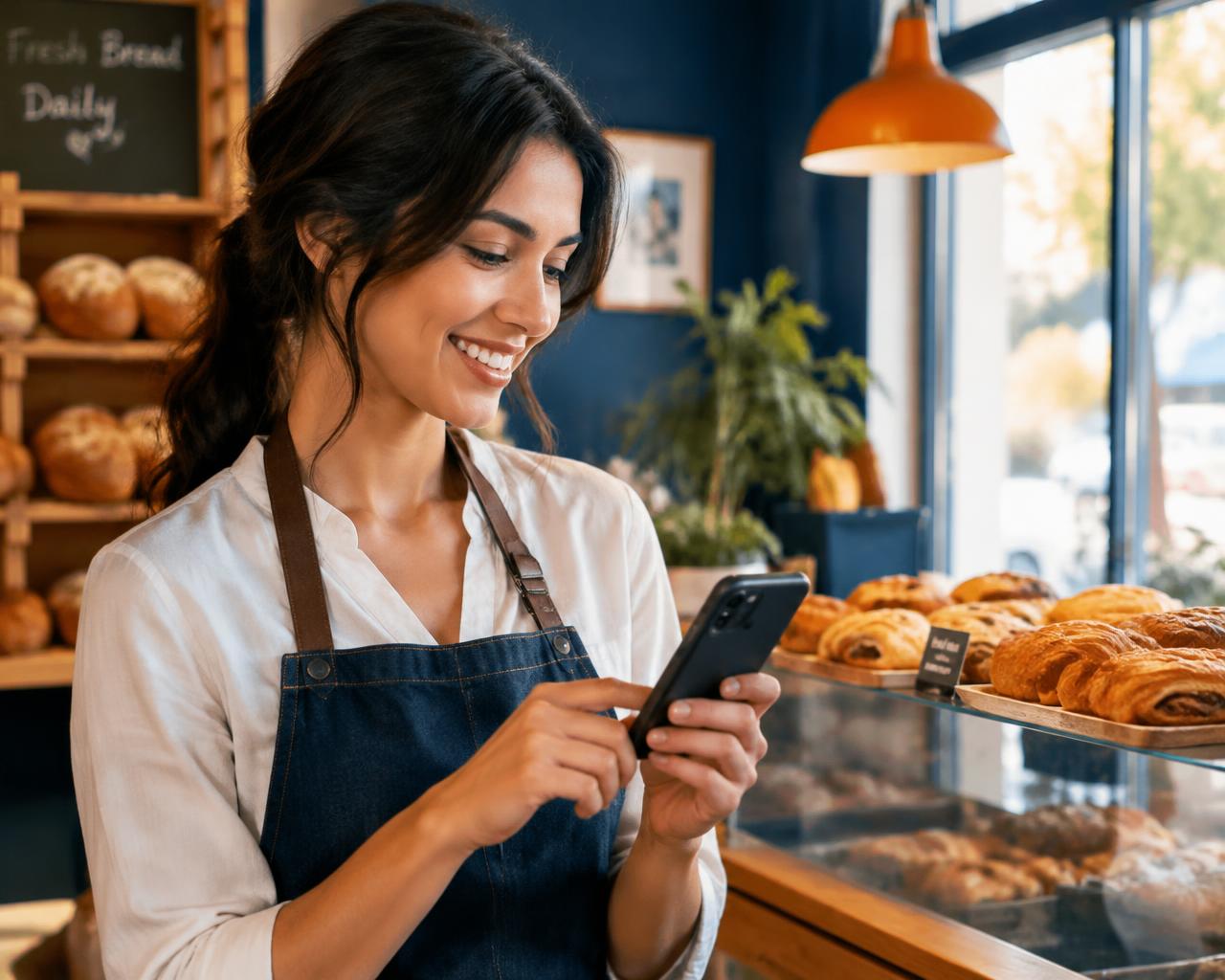 Comerciante consultando o perfil do seu negócio no celular